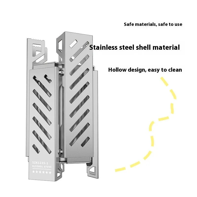 Black hexagon-shaped foldable alcohol camping stove shown with dimensions.