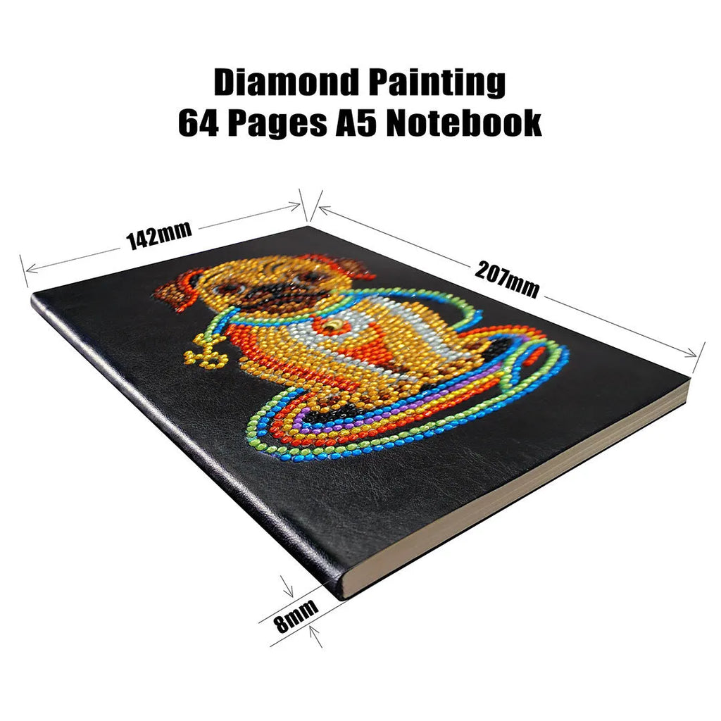 Black A5 diamond painting notebook showing dimensions and 50 blank pages for custom craft projects