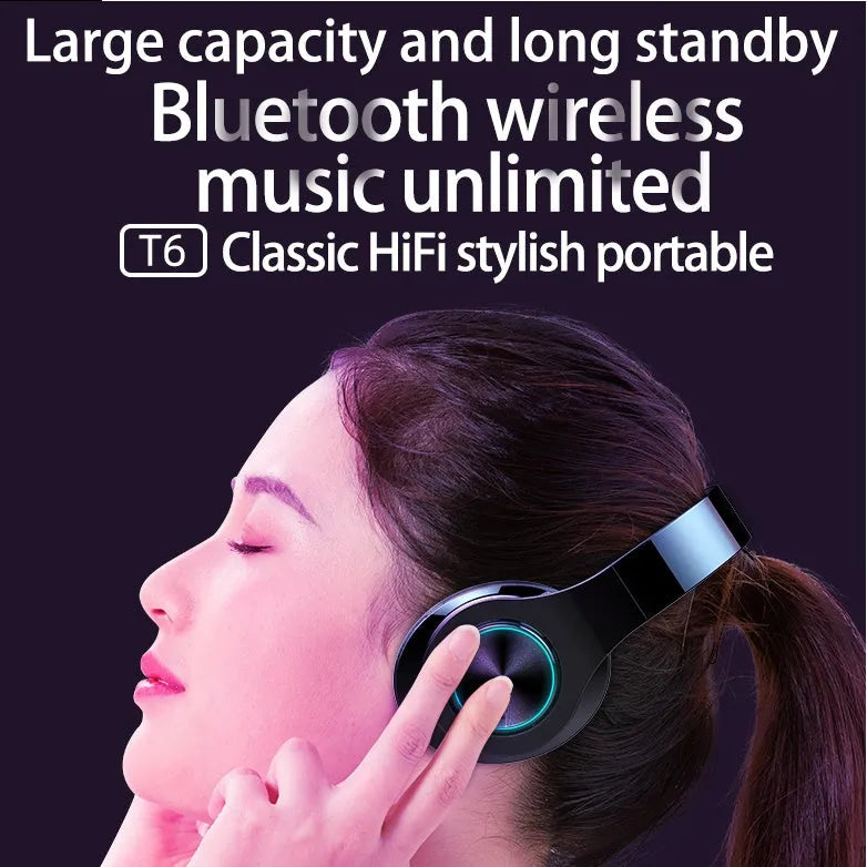 Black T6 over-ear wireless Bluetooth headset on a white background.