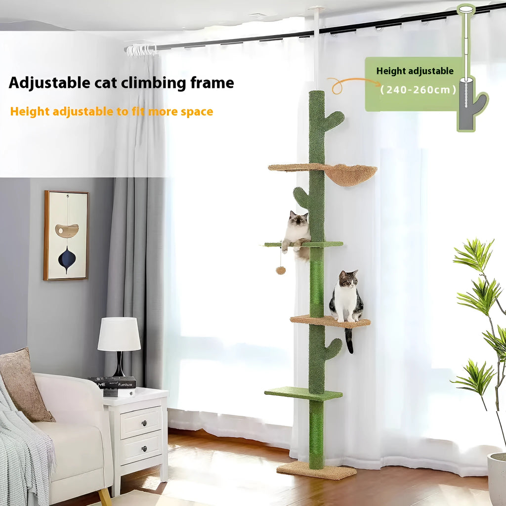 Tall cactus-shaped cat tree with platforms, a scratch board, and a hammock.