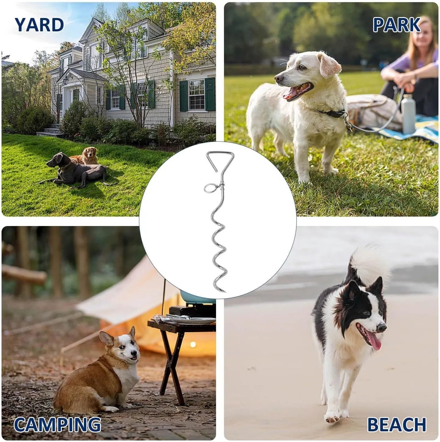 Medium spiral dog tie out stake made of solid steel for secure outdoor tethering in sandy soil