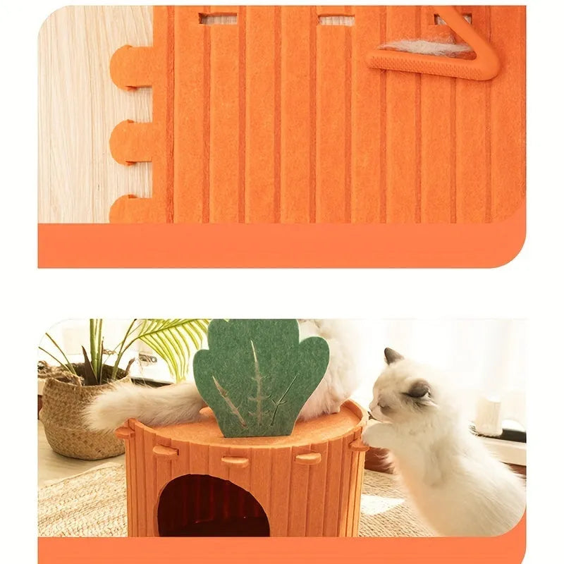 Handmade felt cat nest tunnel with semi-enclosed design and drilled openings, shown in M and L sizes