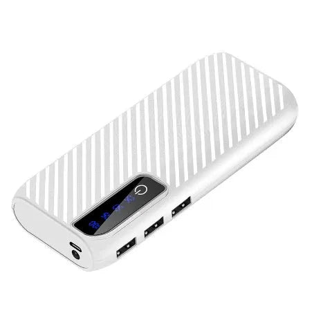 20000mAh portable power bank with dual USB ports in black, blue, pink, or white colours