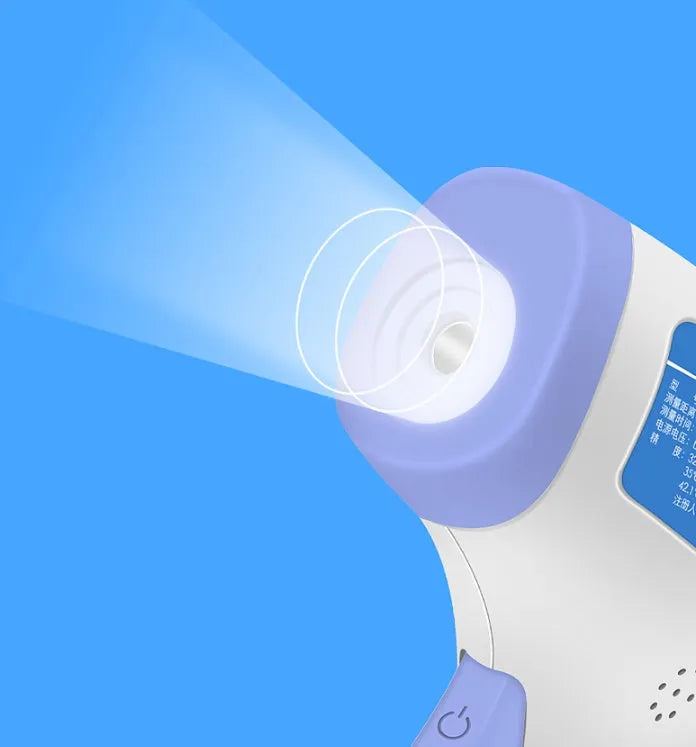 White non-contact infrared forehead thermometer on a blue background with LCD screen