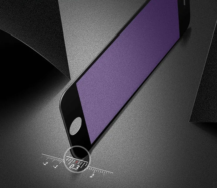 iPhone tempered glass screen protector with black carbon fibre soft edge and anti-fingerprint coating