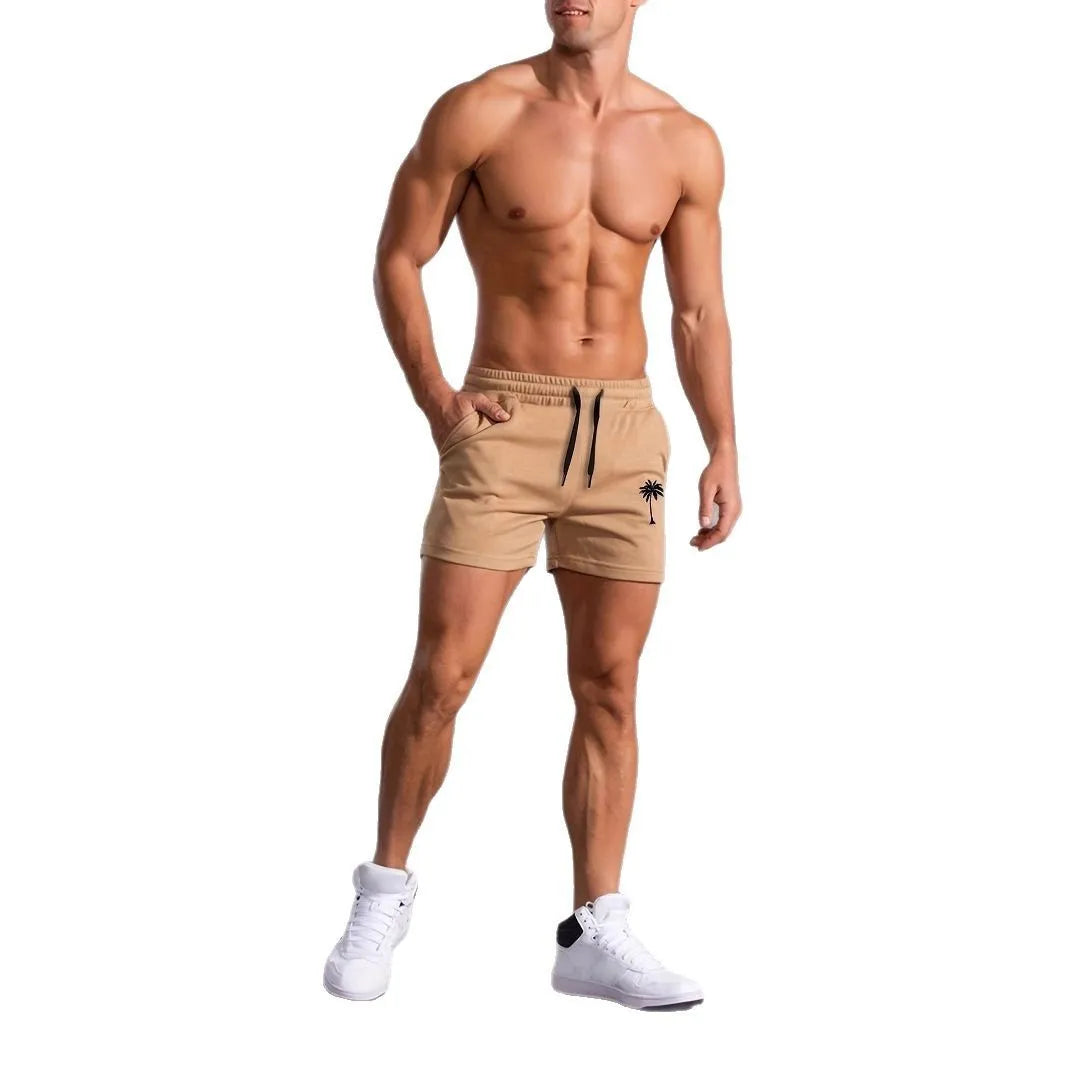 Men's khaki sports shorts with coconut print design and straight leg cut