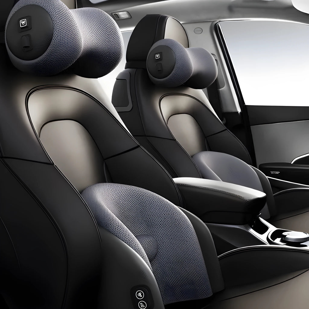 Classic black memory cotton car massage cushion shown as a headrest and lumbar support on a car seat.