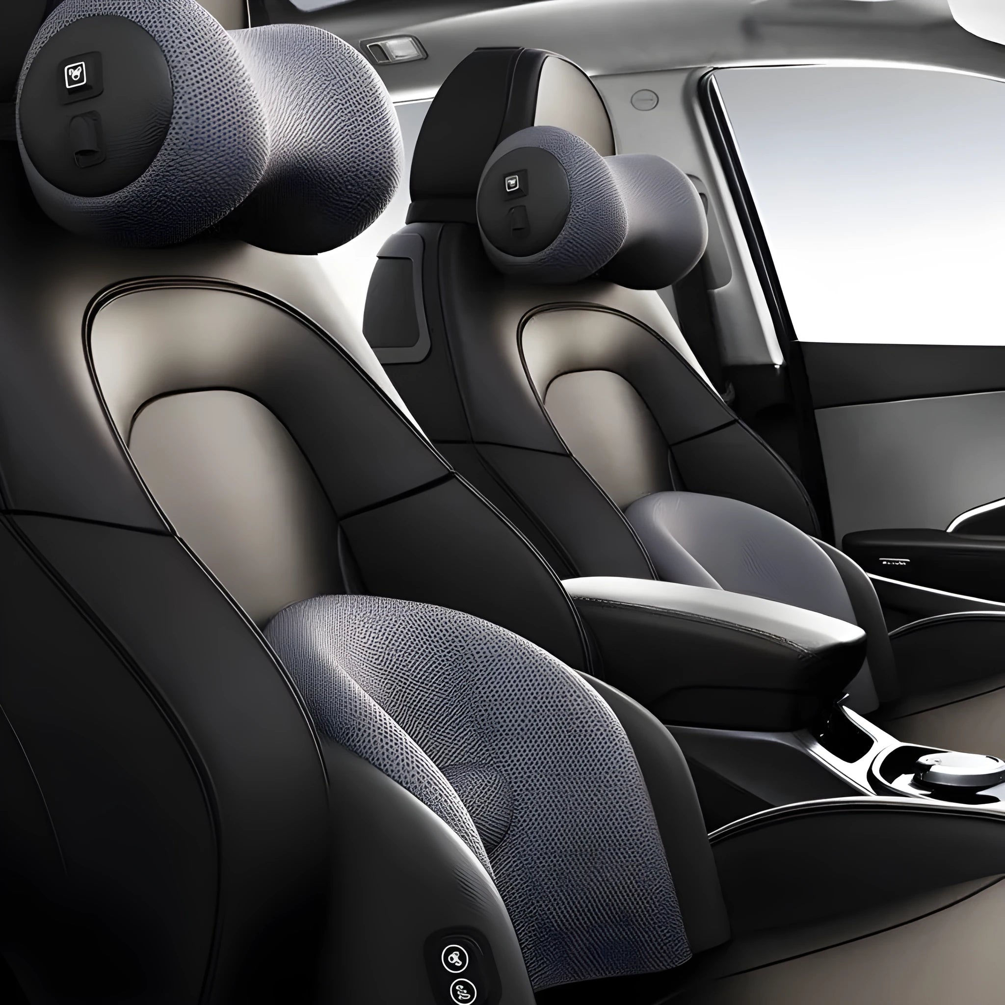 Classic black memory cotton car massage cushion shown as a headrest and lumbar support on a car seat.