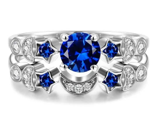 New creative moon ring for women with blue gem inlay diamond treatment silver tone