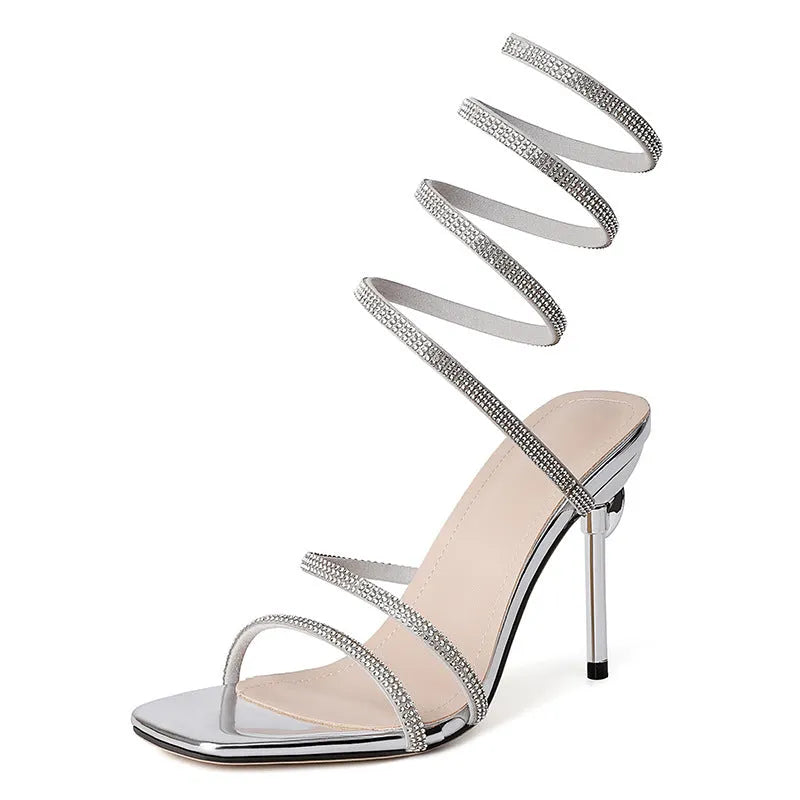 Rhinestone snake-shaped winding tape hollow stiletto heel sandals for women, square toe, PU upper, black colour