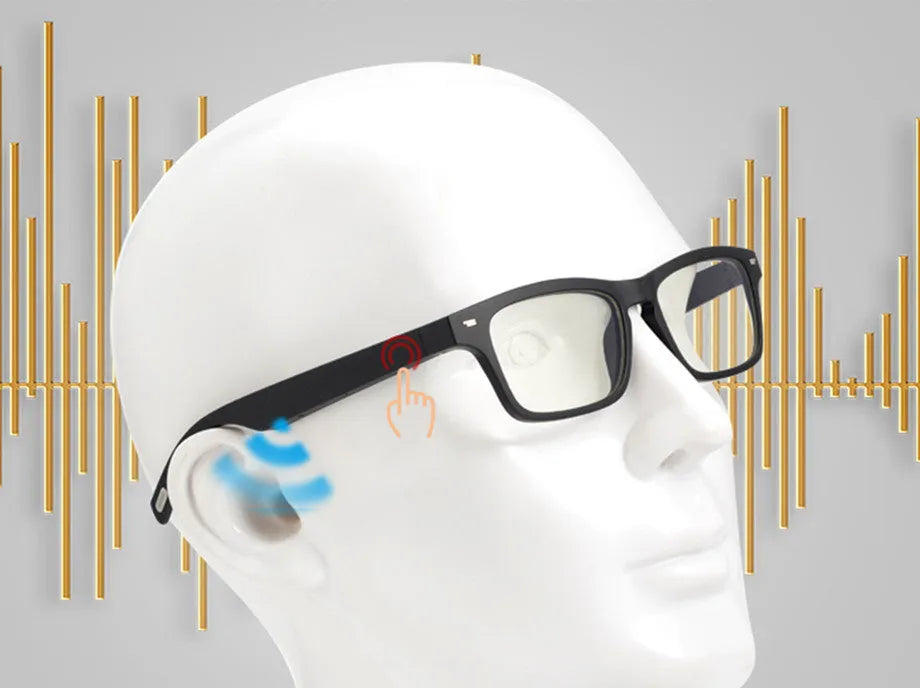 Smart glasses with a PC+ABS frame featuring semi-open ear speakers and polarised, anti-blue light lenses.