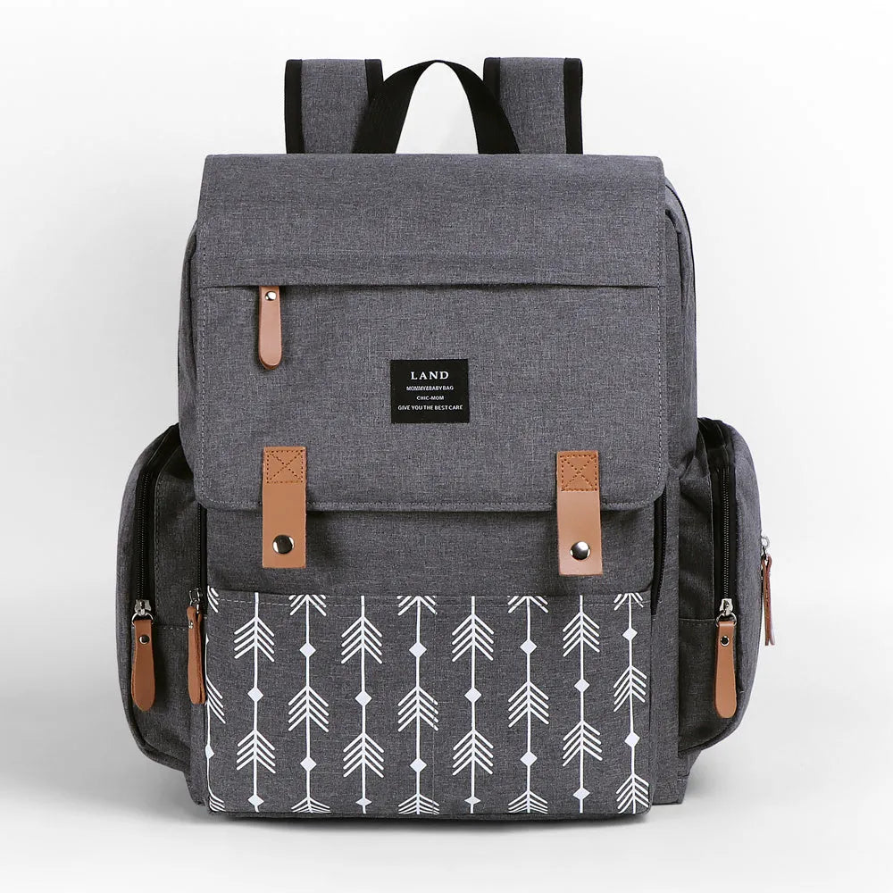 LAND Mommy large oxford cloth diaper backpack with changing mat, shown in grey colour.