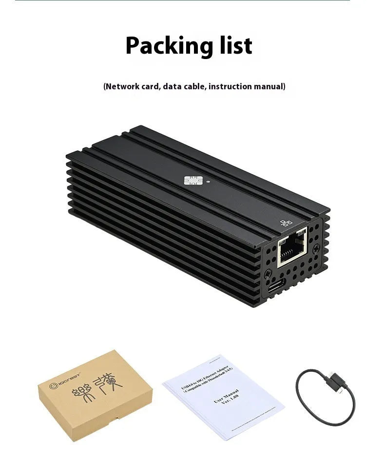 Black Leyu USB4 10 Gigabit Ethernet network adapter with RJ45 port and 20cm cable