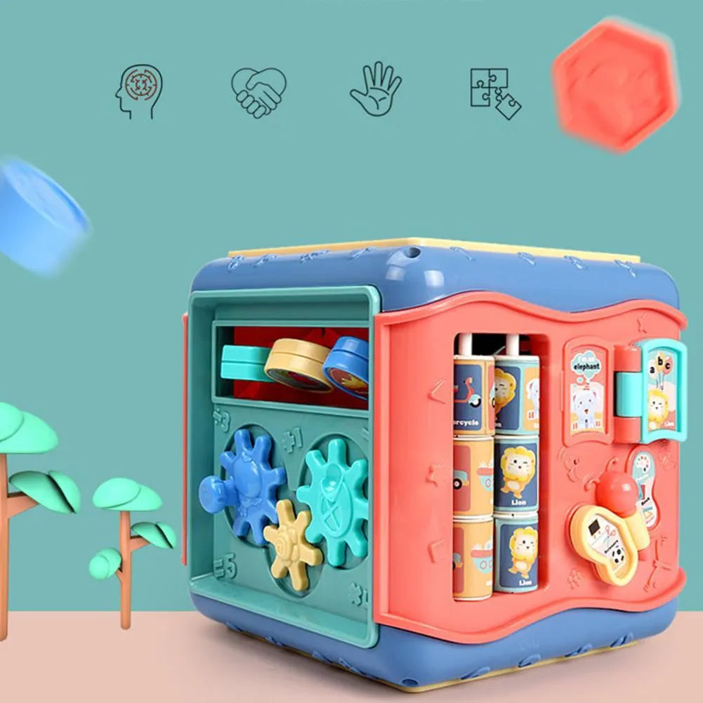 Multicoloured baby hexahedron educational toy cube showing bead maze, gear, and car maze activity faces