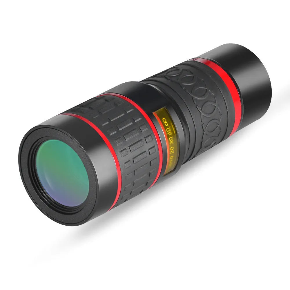 20x magnification smartphone telescope with optical glass lens and universal mounting clip on a mobile phone.