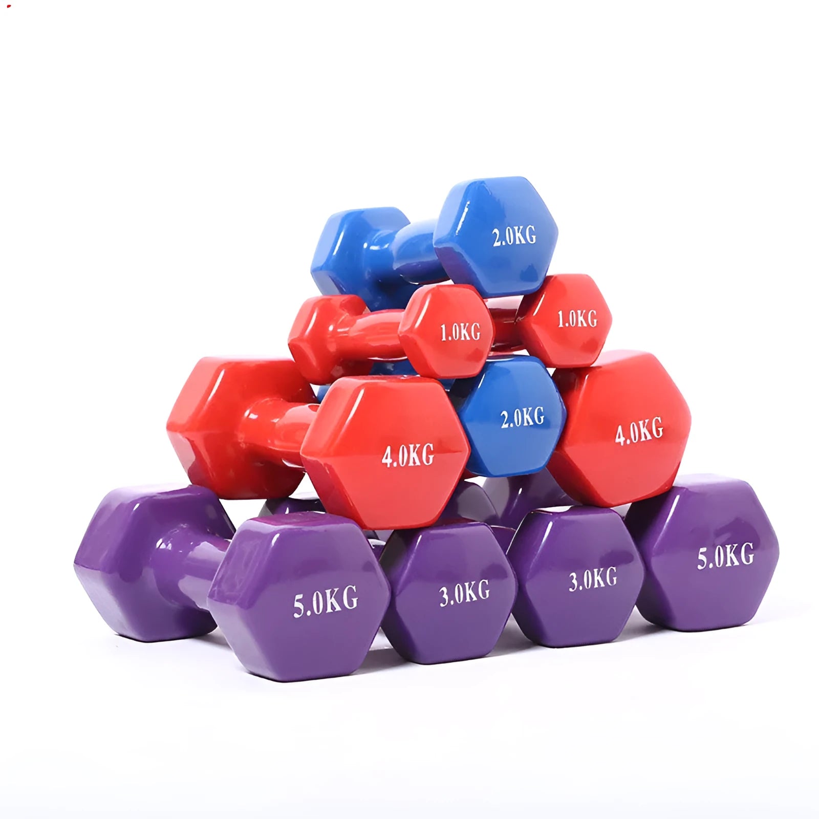 Brightly coloured plastic fitness dumbbells in 0.5kg, 1kg, and 1.5kg weights on a light background