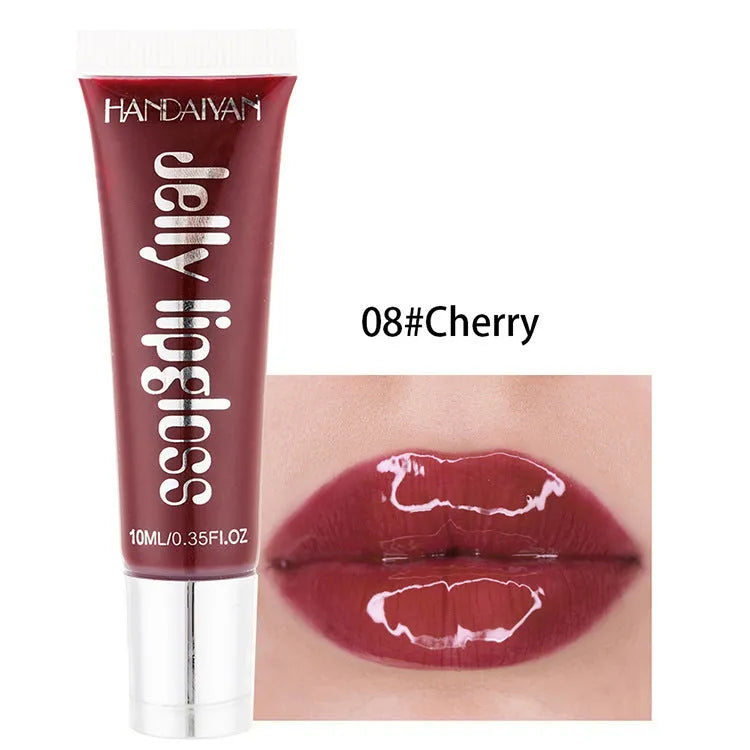 Jelly glass moisturising lip gloss tube in Pearl White shade with carton packaging and 12 colour options