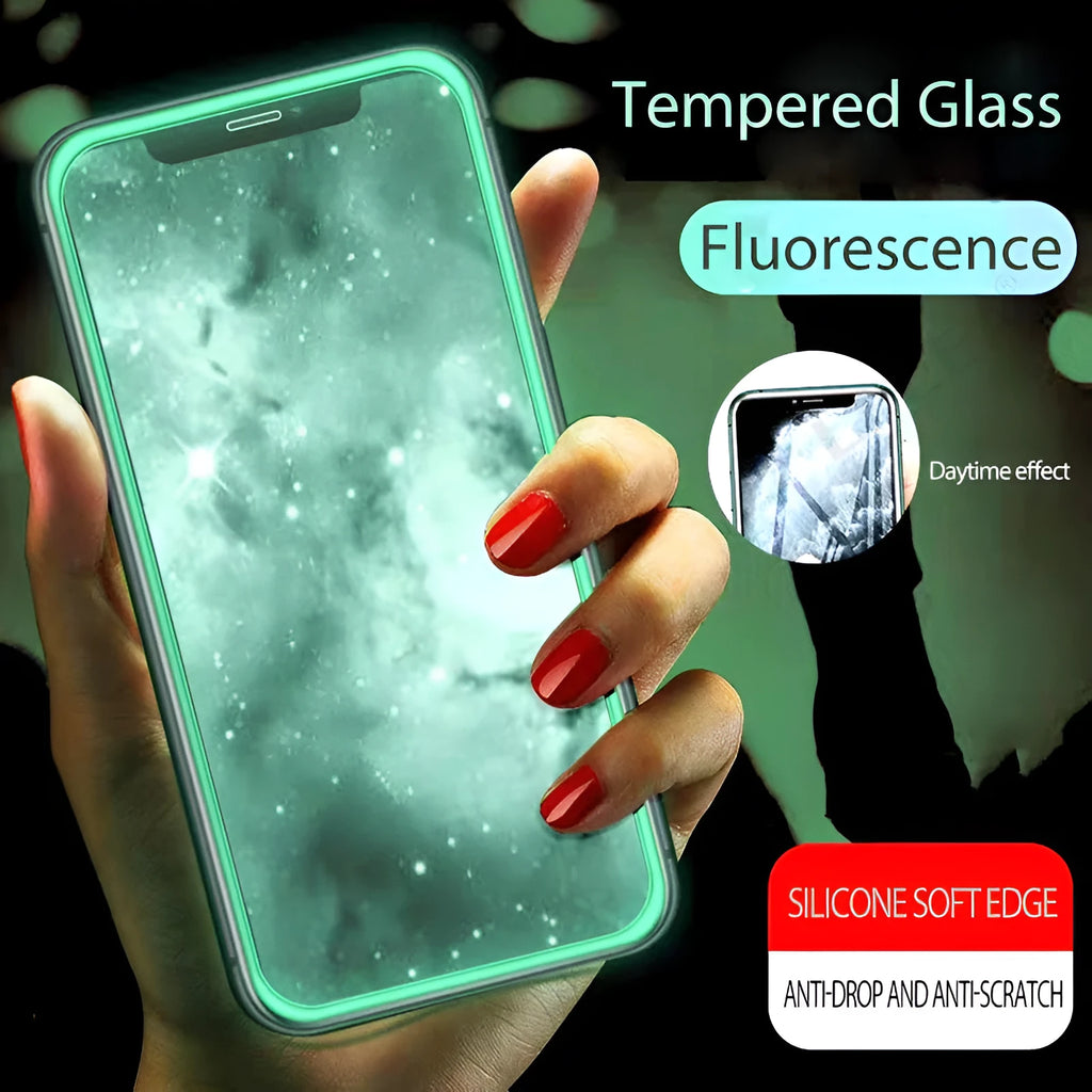 Luminous tempered glass screen protector for iPhone glowing in dark with full cover edge protection