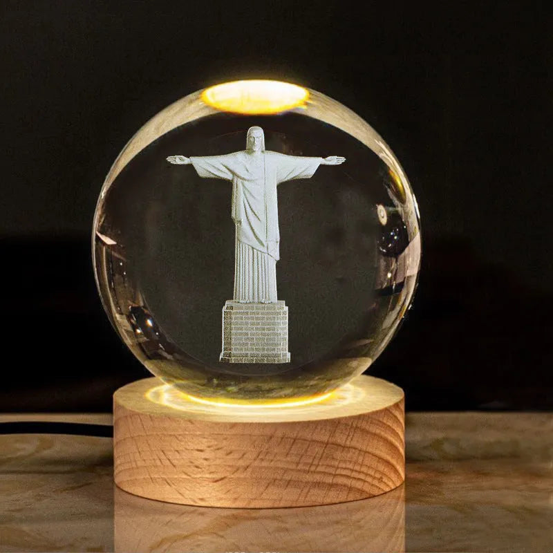 White crystal ball church desk ornament lamp with solid wood warm light base