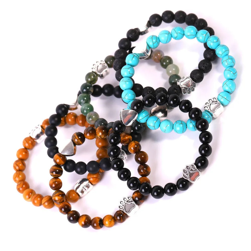 Tigereye Indian Agate Dog's Paw stone beaded bracelet in geometric unisex design.