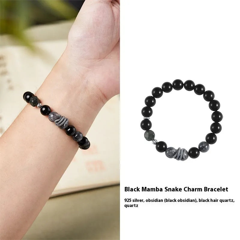 Men's S925 sterling silver snake bracelet with obsidian black crystal and retro zodiac design