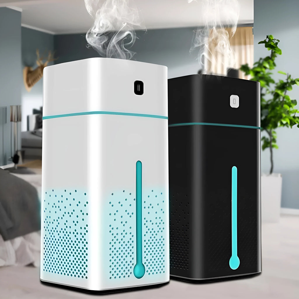 Black or white USB-powered desktop humidifier measuring 103x103x218mm with 1000ml capacity