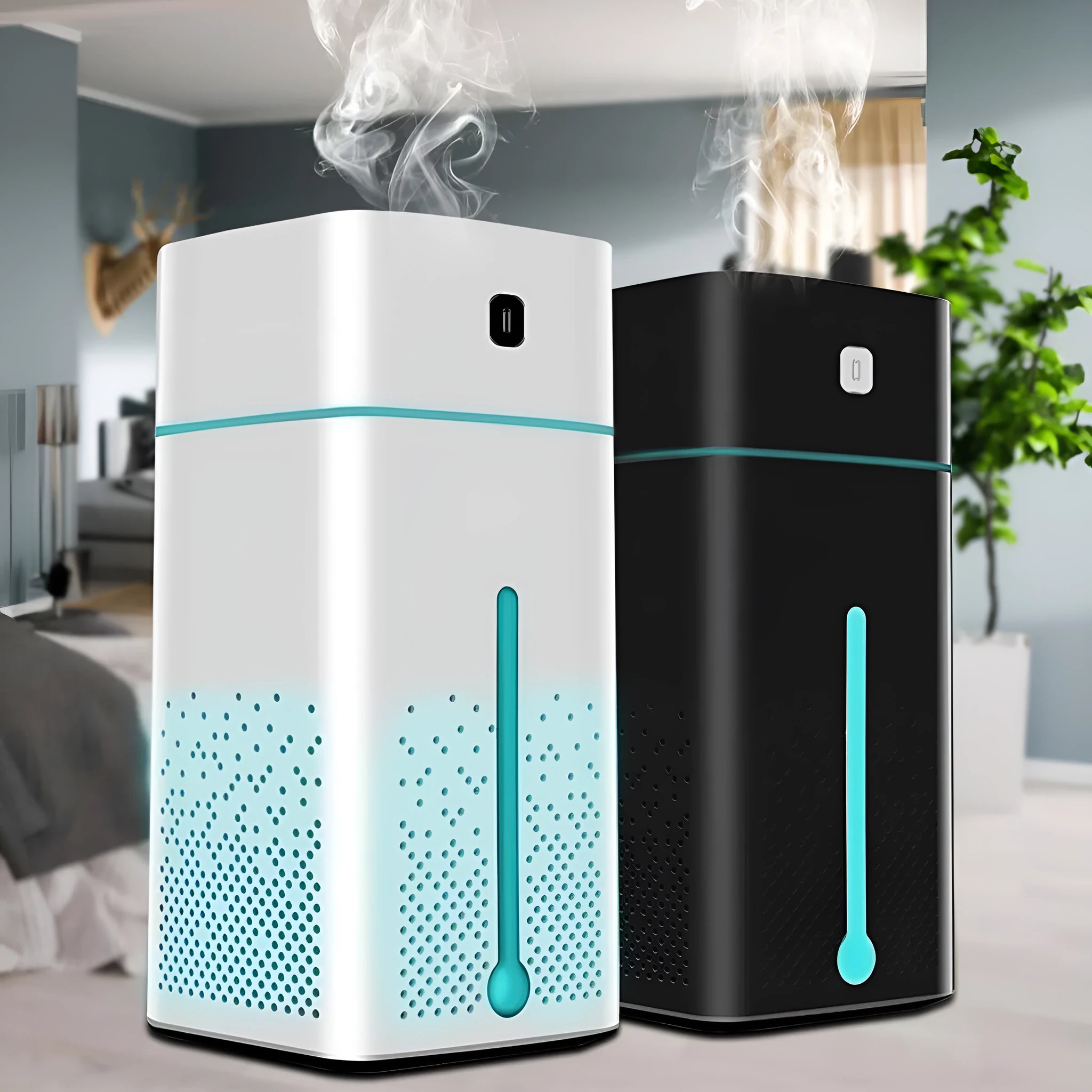 Black or white USB-powered desktop humidifier measuring 103x103x218mm with 1000ml capacity