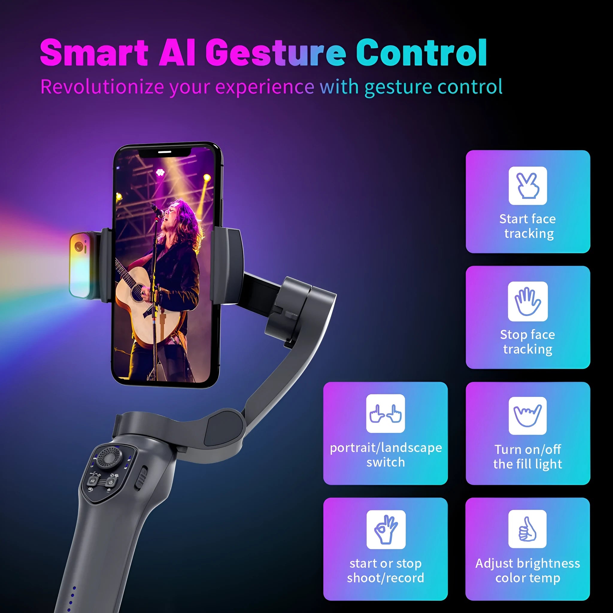 Gun colour foldable handheld smartphone gimbal stabiliser with pistol grip in collapsed position
