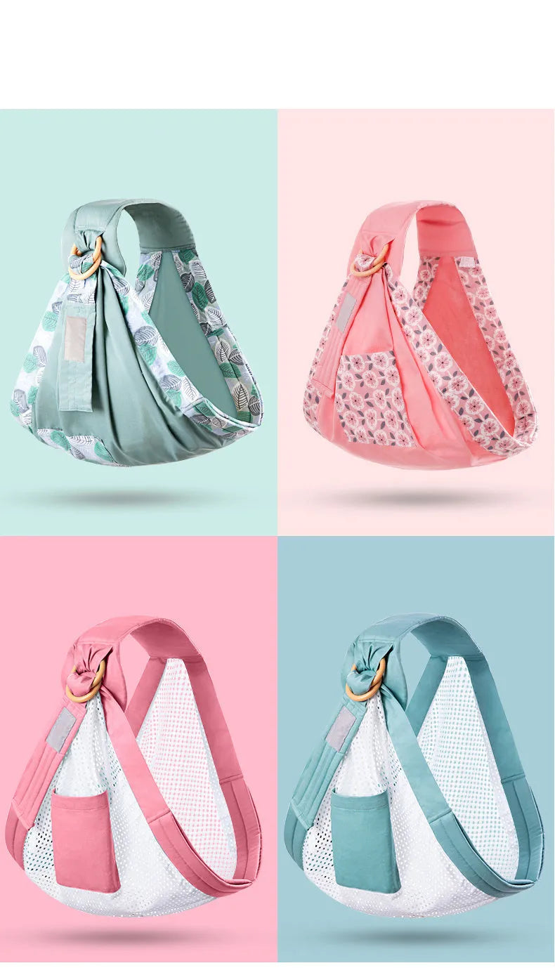 Adjustable baby wrap carrier sling in blue-green cotton and mesh with back support for 0-36 months up to 50kg