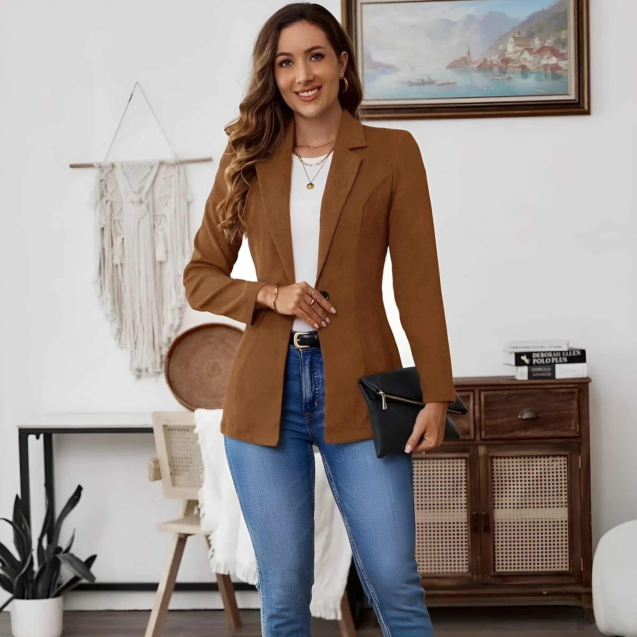 Brown lapel long sleeve single-breasted suit coat on a hanger