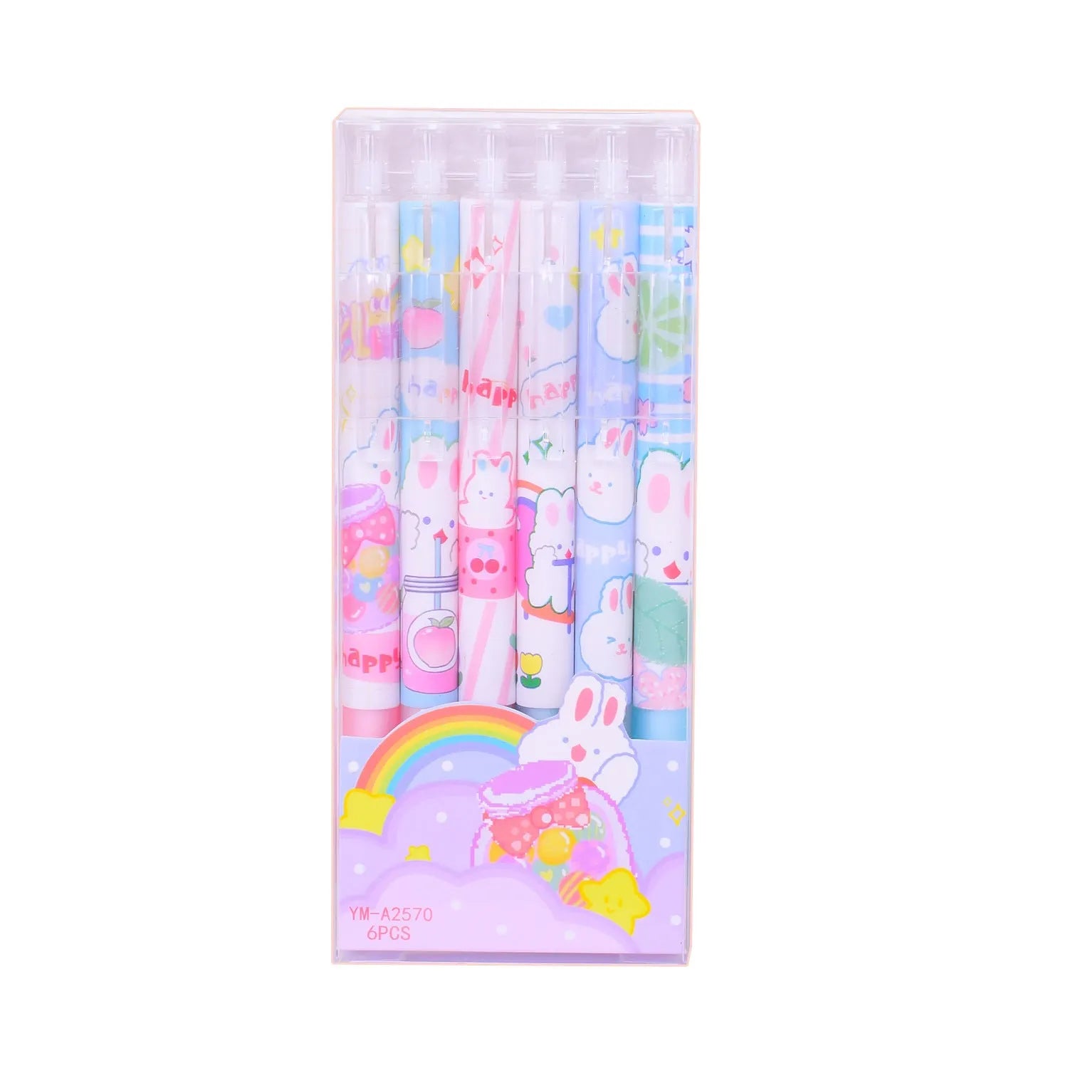 Six cartoon bunny design black ballpoint pens with 0.5mm tips in plastic packaging