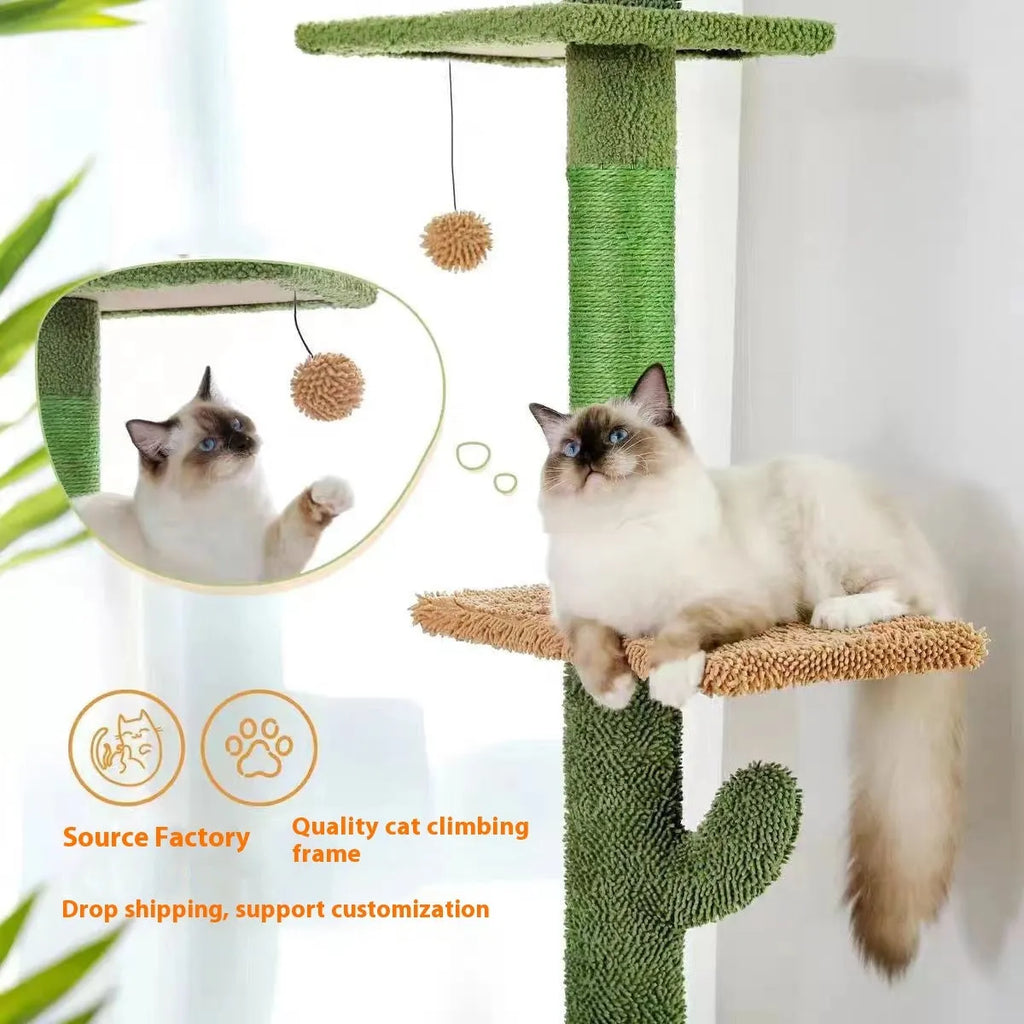Tall cactus-shaped cat tree with platforms, a scratch board, and a hammock.
