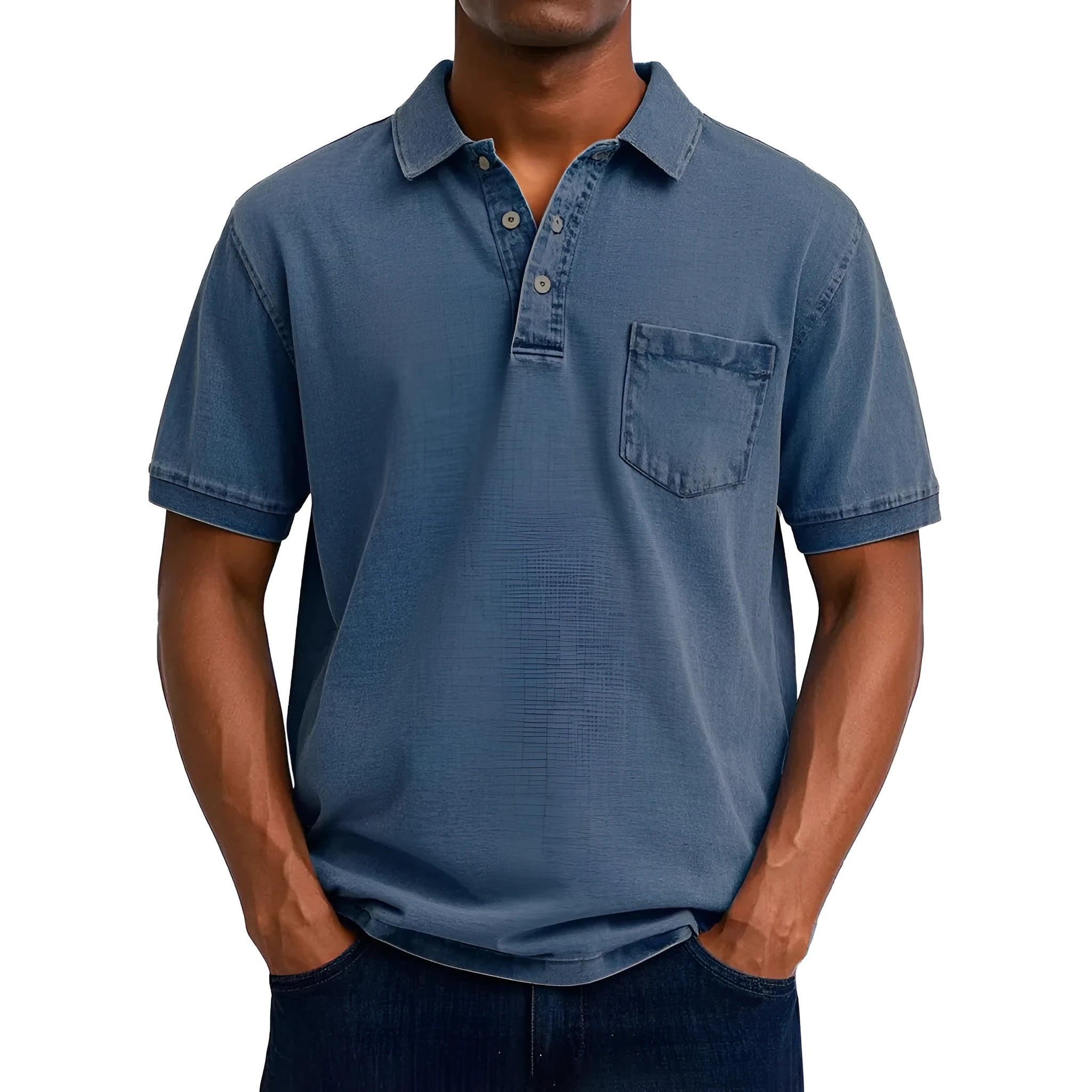 Man wearing a printed plus size short sleeve shirt in a Korean-style slim fit cardigan cut.