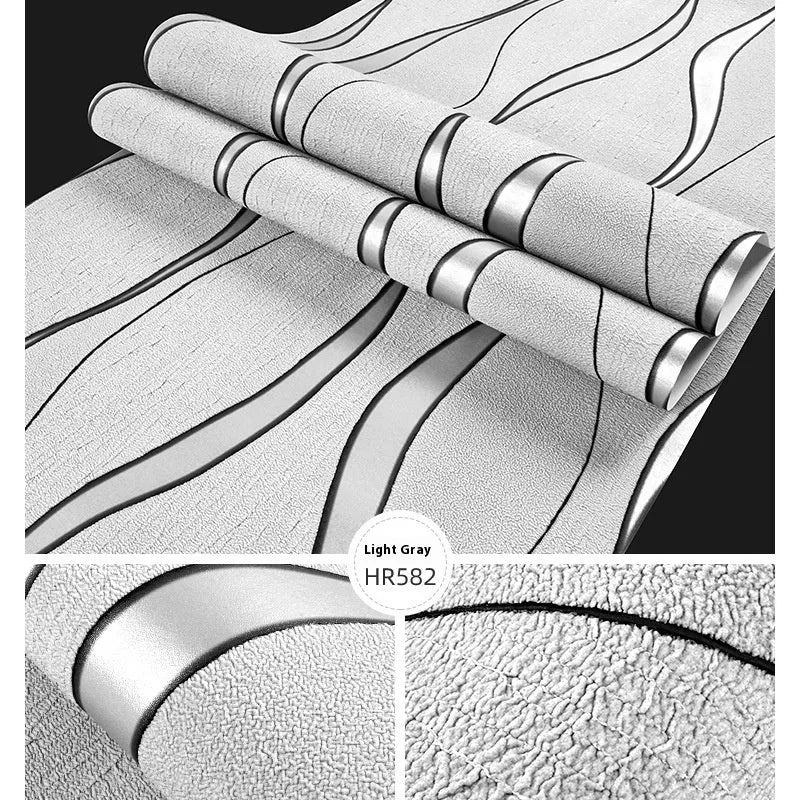 Curve stripe 3D wallpaper roll with deerskin velvet texture in dark brown and light grey colours
