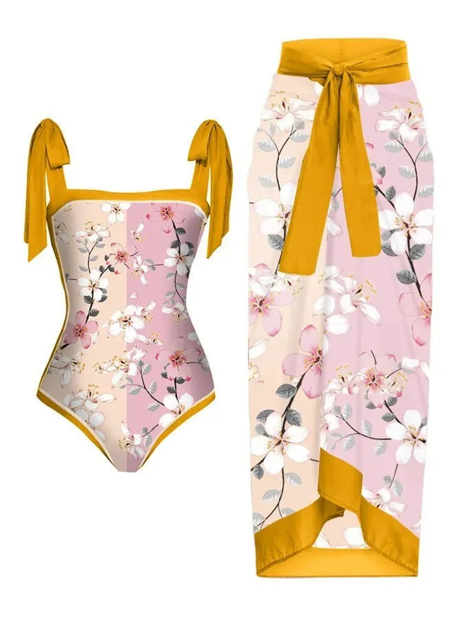 Women's two-piece chiffon swimsuit with positioning printed pattern and hip skirt coverage
