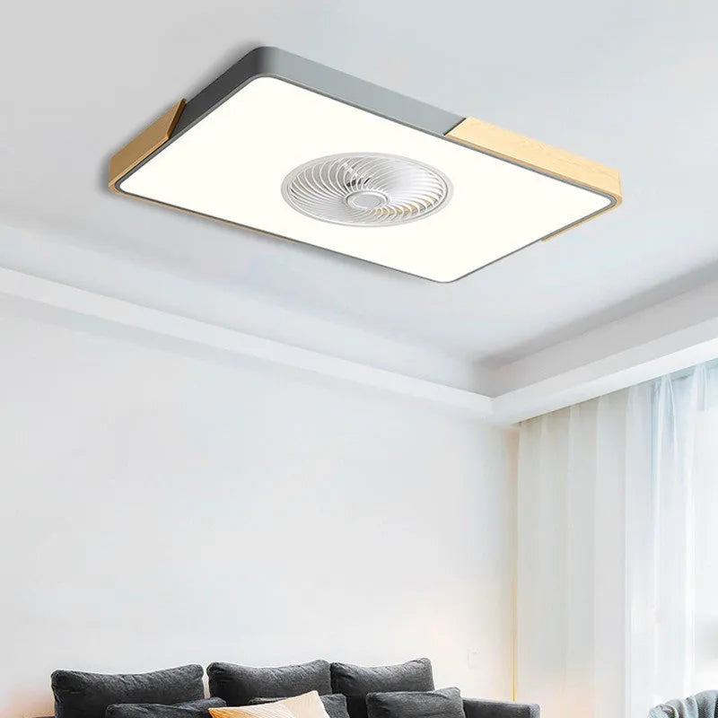 Nordic ceiling fan with integrated light fixture showing solid wood construction and PVC lampshade