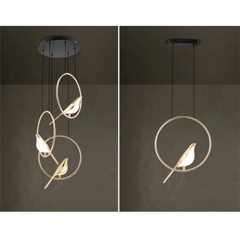 Modern minimalist magpie bird chandelier light fixture with zinc alloy and acrylic construction