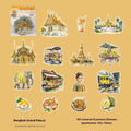 Architecture journal stickers with London Big Ben, Paris Arc de Triomphe and four other landmark designs in retro style