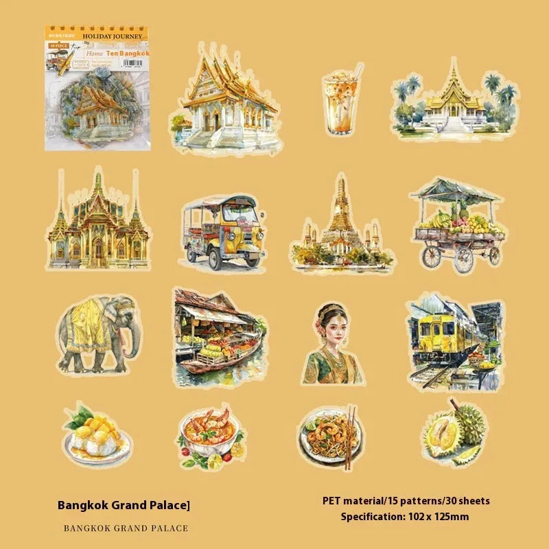 Architecture journal stickers with London Big Ben, Paris Arc de Triomphe and four other landmark designs in retro style