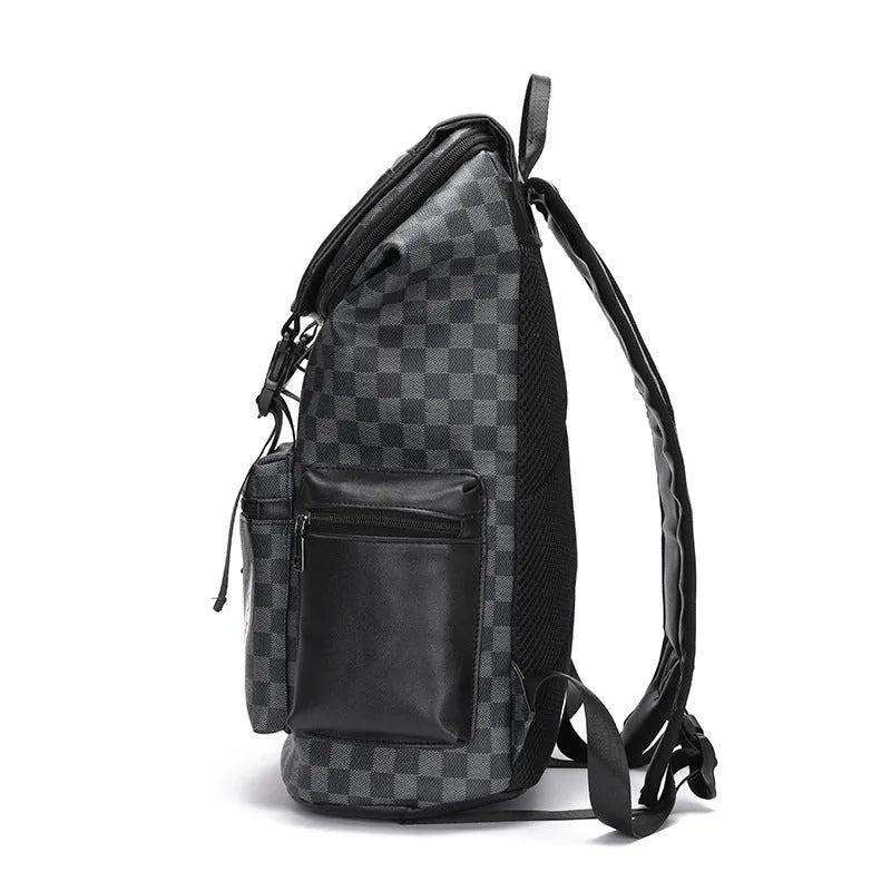 Korean casual checkered printed large capacity backpack in PU leather with curved shoulder strap
