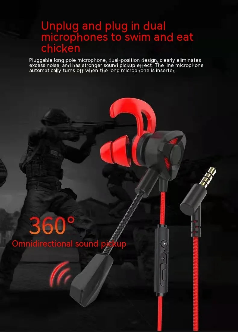 Black and red in-ear gaming earphone with microphone and 3.5mm wired plug