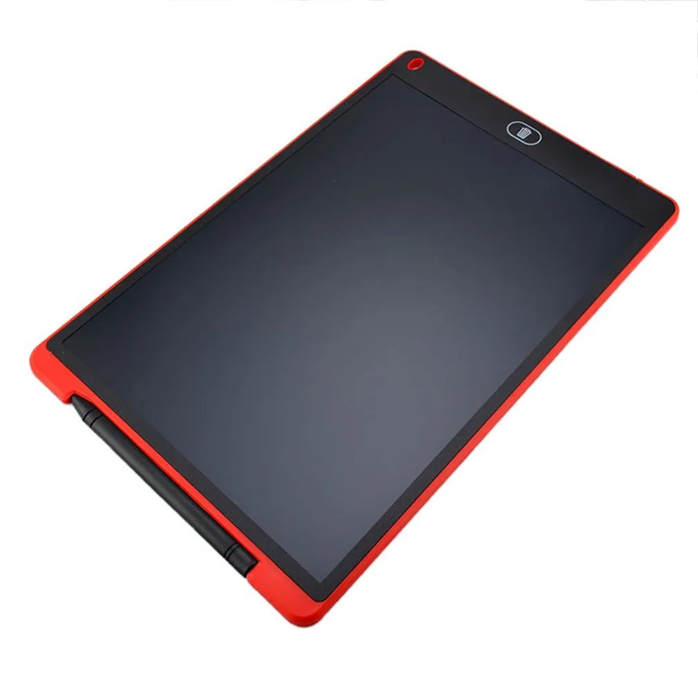 LCD electronic handwriting board for children in blue, with stylus pen, showing drawn shapes on screen.