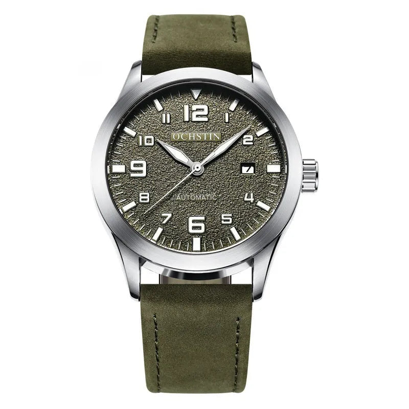 Casual business retro automatic mechanical watch with leather strap and 12mm thickness