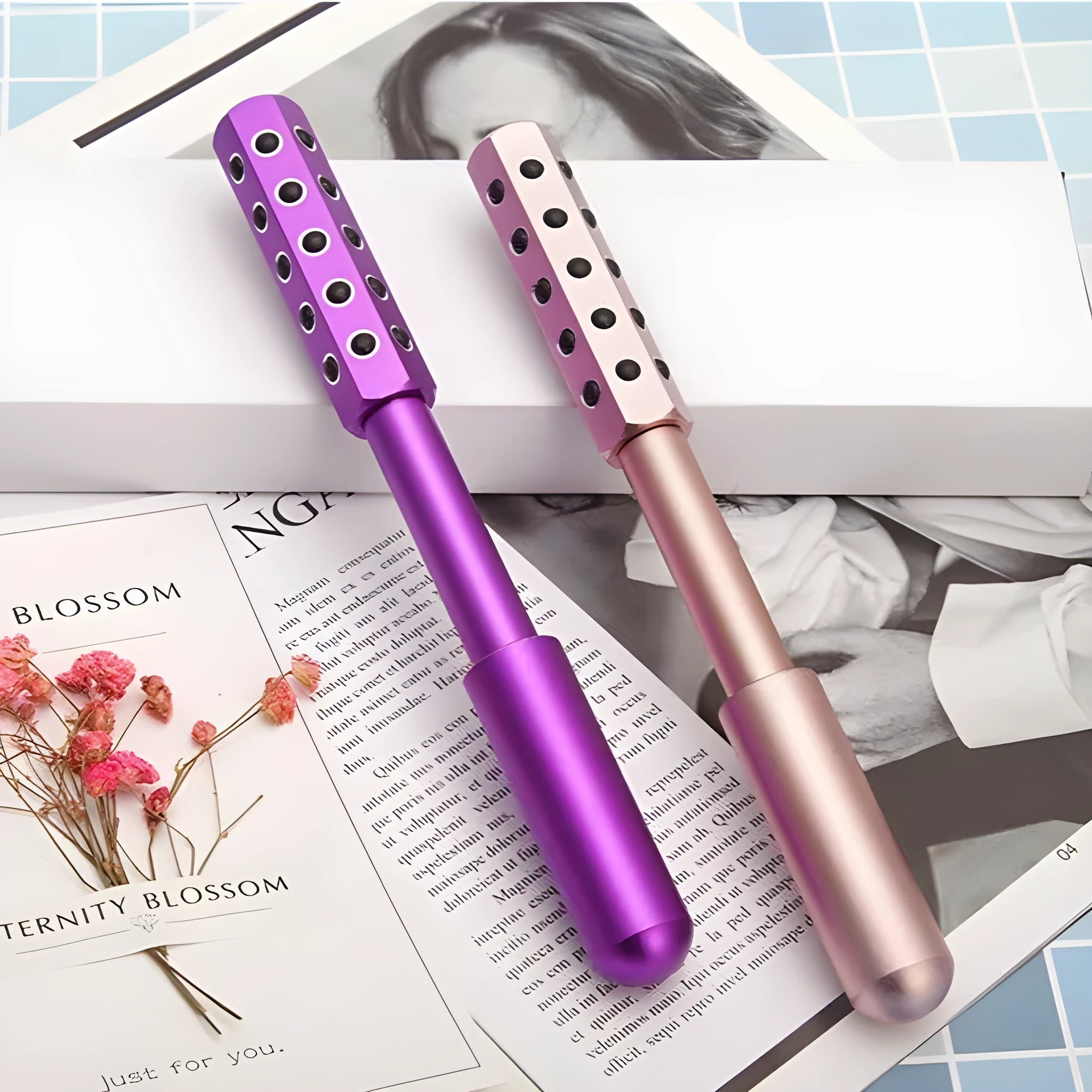 Purple germanium particle facial massage roller with 193mm handle and 19mm roller width