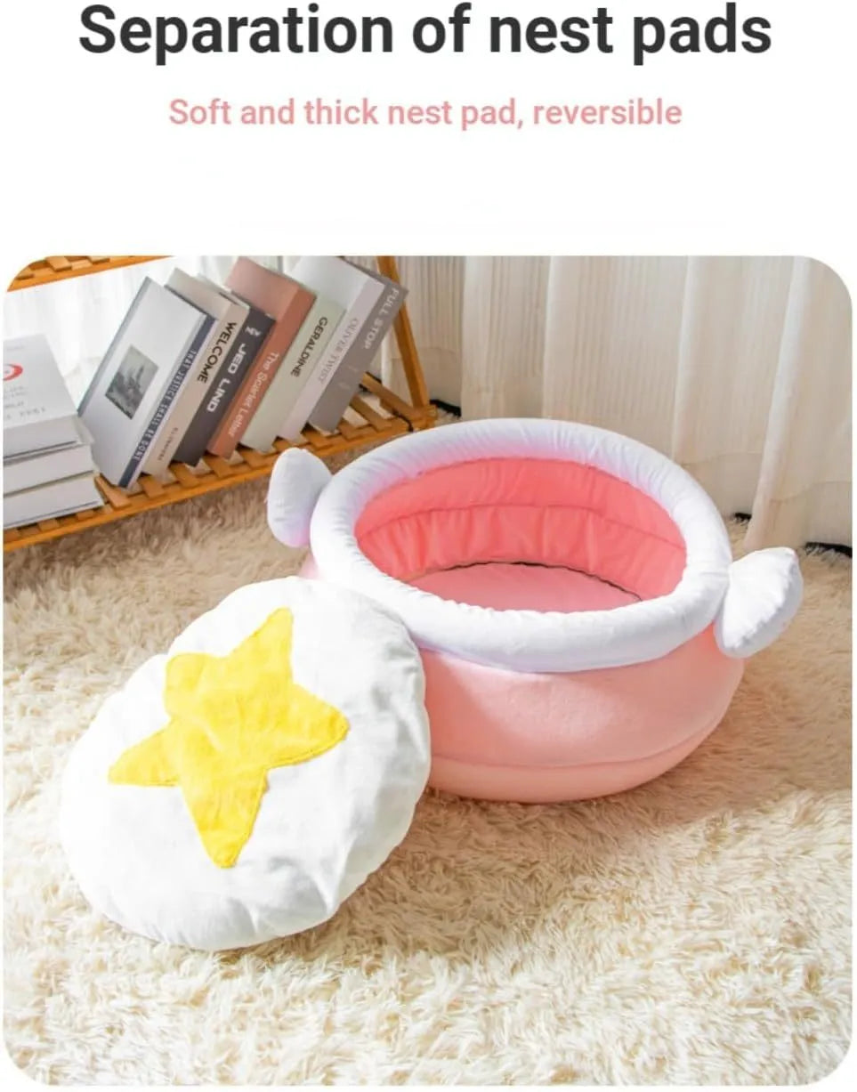 Pink honey pot shaped cat sofa bed with decorative wands and removable pad