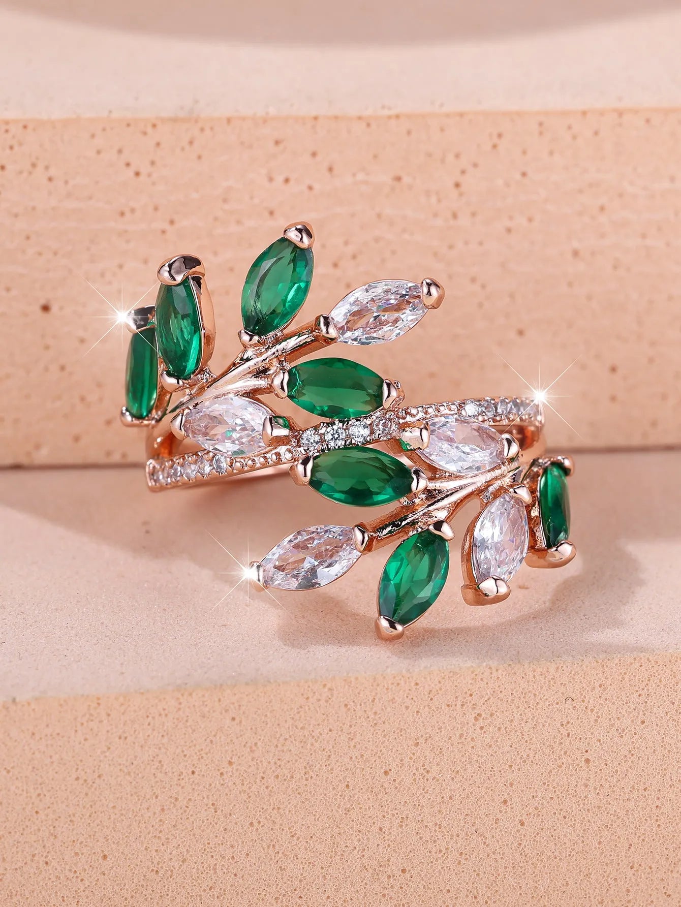 Adjustable copper leaf-shaped ring with zircon stones in multiple colour finish options