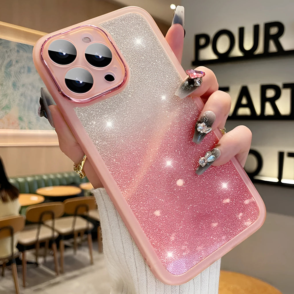 Transparent glitter iPhone case showing gradient colour and TPU rubber construction