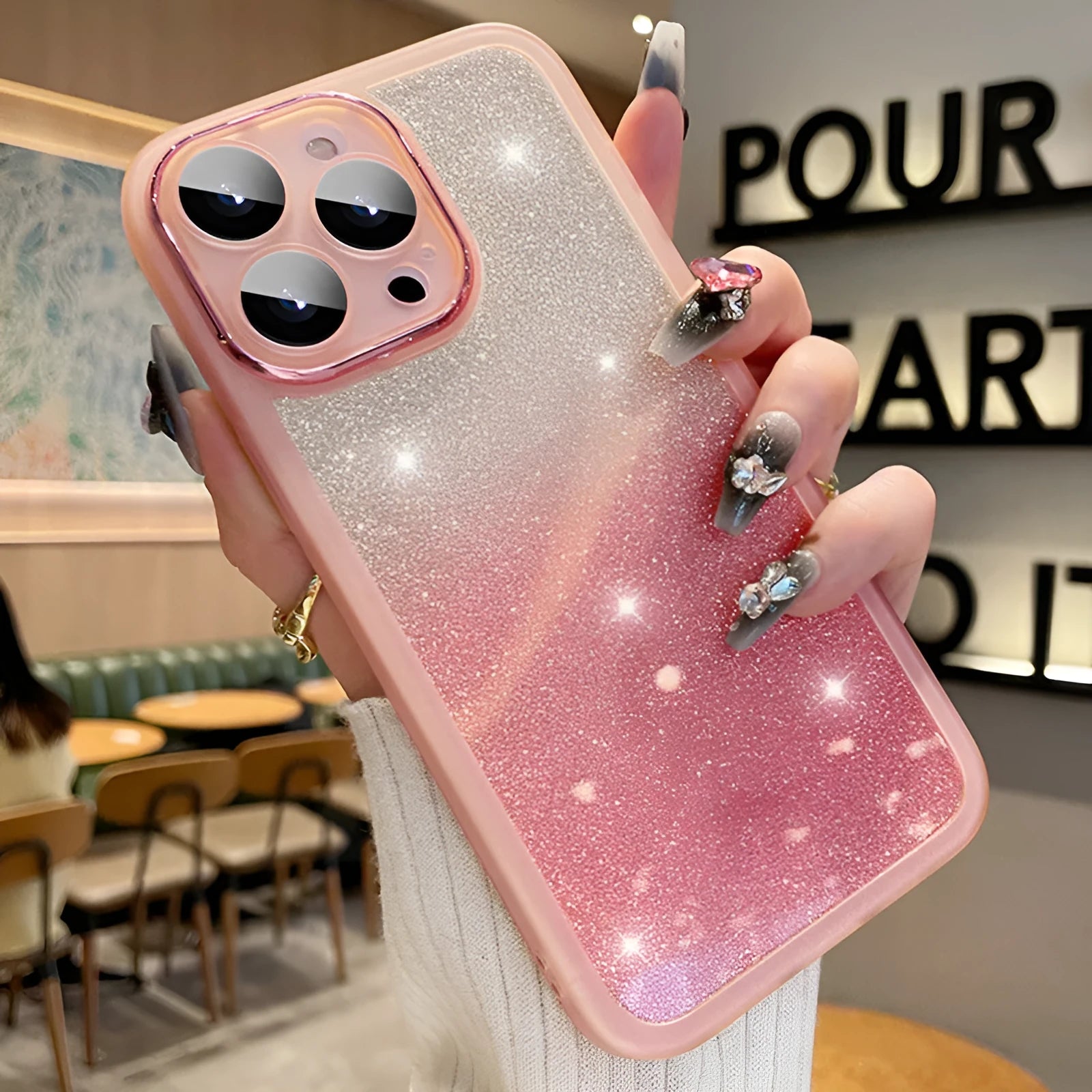 Transparent glitter iPhone case showing gradient colour and TPU rubber construction