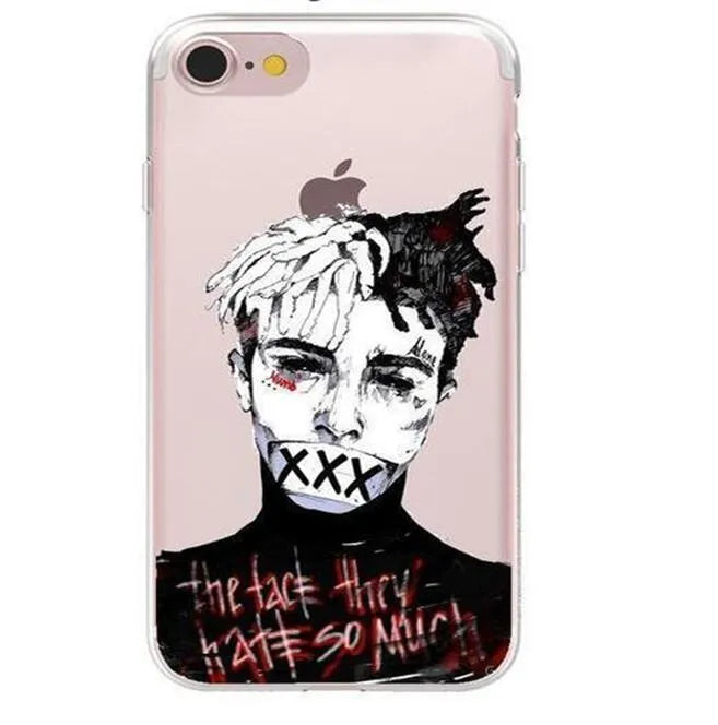 Transparent matte iPhone case with printed XXxtentacion design, shown fitted on a smartphone.