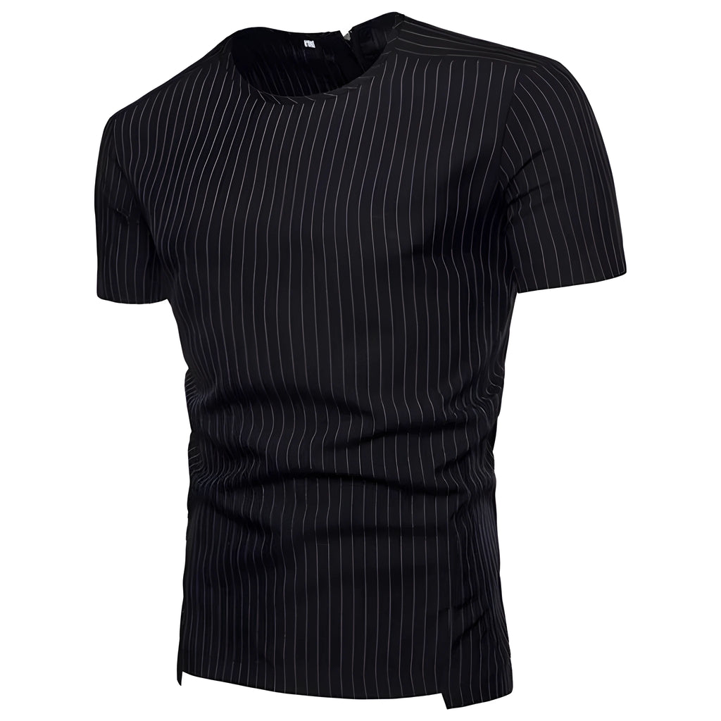 Men's cotton blend striped O-neck t-shirt available in black and gray sizes M to 3XL
